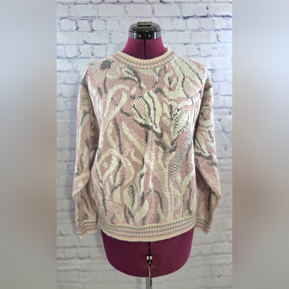 Alfred Dunner Pink and Cream Crew Neck Sweater